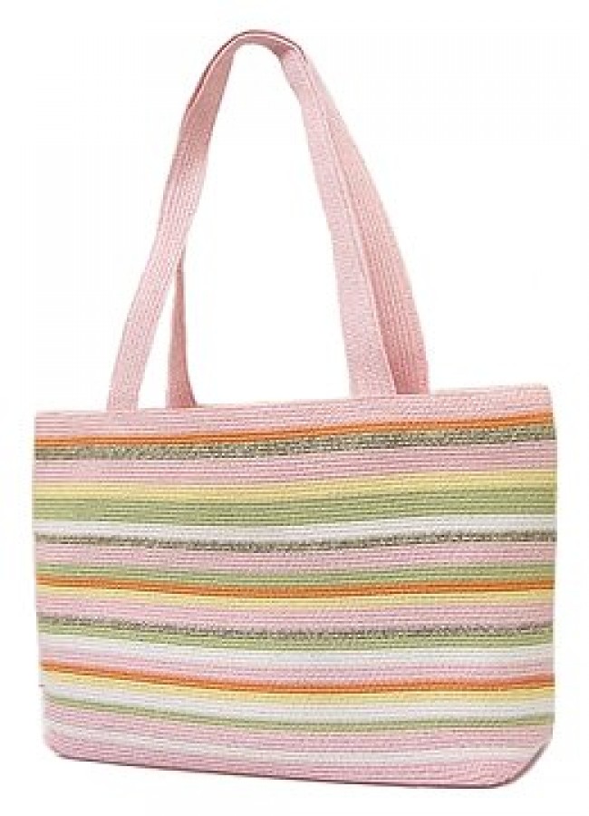 Straw Shopping Tote Bags - Multi Stripes - Pink - BG-ST124PK